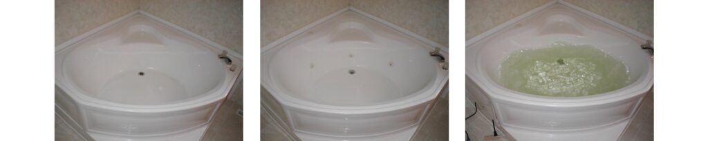 Before and after installing a DIY Convert-a-Tub kit.